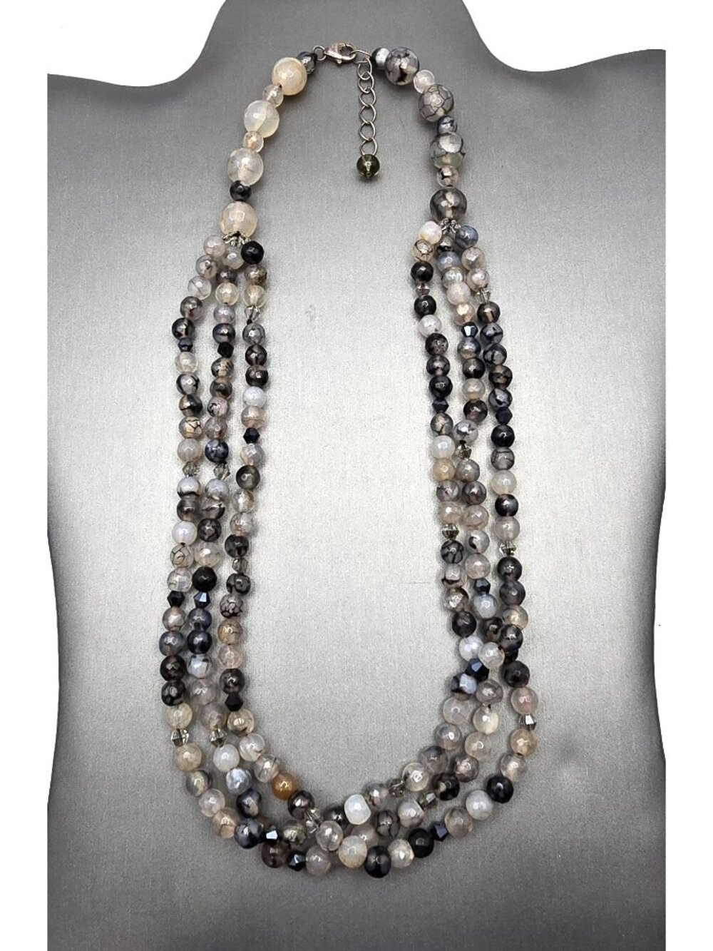 Multi-Strand Dragon Vein Agate Beaded Necklace 16" 925 Silver Clasp Undyed - Picture 13 of 13